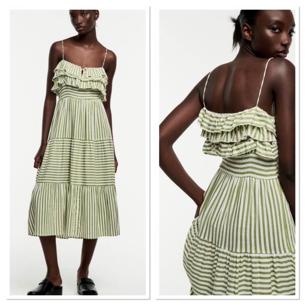 ZARA Striped Frill Ruffle Midi Viscose & Linen Sundress Sz S Green & White NWT